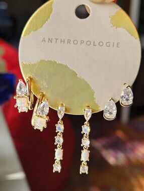 Anthropologie Mixed Stone Hoop and Huggie Earrings, Gold Opal & Clear Crystal